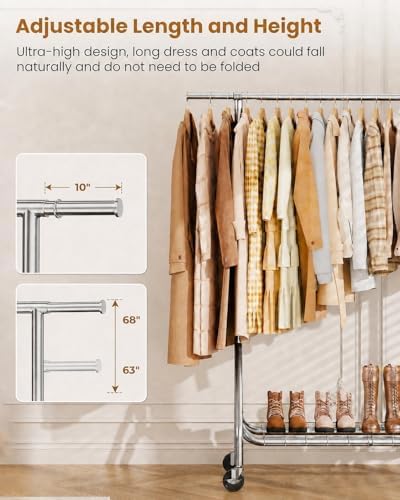 Heavy Duty Clothes Rack for Hanging Clothes with Wheels, Silver
