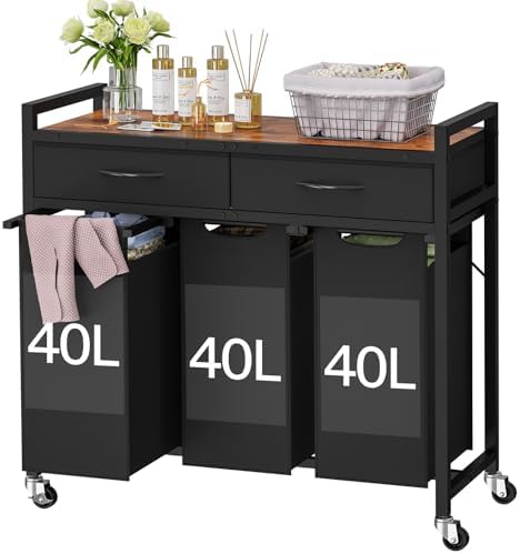 Laundry Sorter 3 Section, 120 L Laundry Hamper with 2 Drawers & 2-tone To...