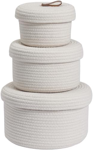 Set of 3 Small Woven Baskets with Lids, Cotton Rope Round Nesting Storage Bas...