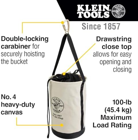 Klein Tools 5114DSC Canvas Bucket, Heavy Duty Drawstring Close Tool Bucket, 1...