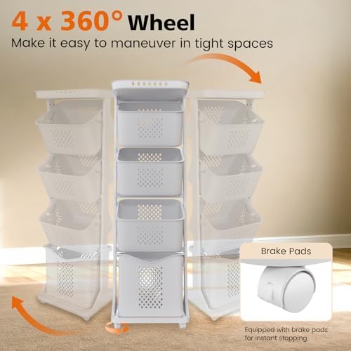 BAOKALER 4-Tier Laundry Hamper Sorter, Vertical Laundry Baskets with Wheel