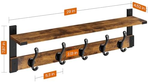 Homode Coat Rack Wall Mount, 29 Inch Long Shelf with Hooks, Rustic Brown