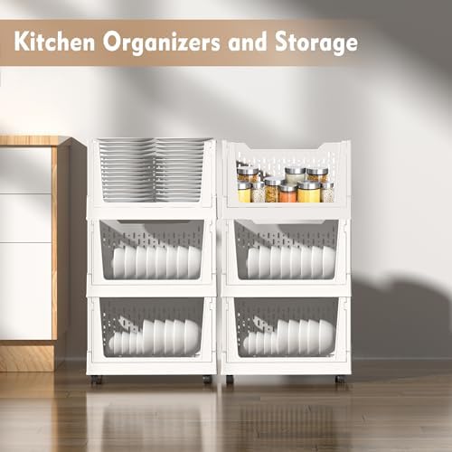 Stackable Plastic Storage Basket, 3 Pack Foldable Closet Organizers and Stora...