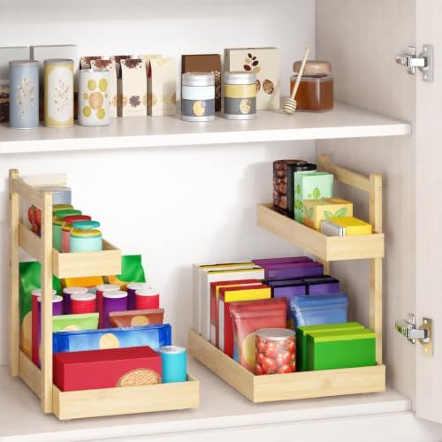 Bamboo Under Sink Organizer 2 Pack, 2-Tier Pull Out Cabinet Organizer