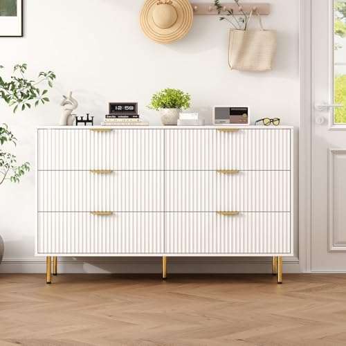 56" Wide Modern White Fluted 6 Drawers Dresser for Bedroom with Gold Handle