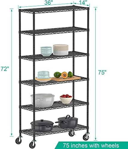 Folews 6-Tier Metal Storage Shelf with Wheels NSF Wire Shelving Unit, Black