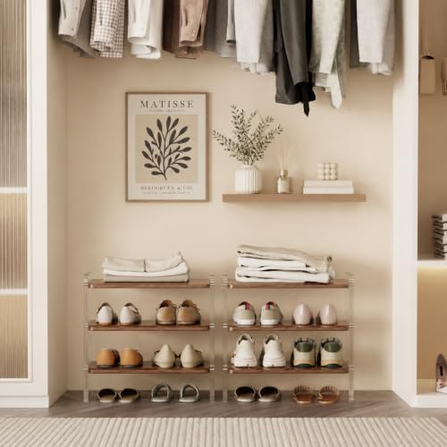 3-Tier Shoe Rack, Wood Acrylic Shoe Shelf, Walnut, 19.5" W