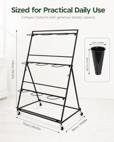 Flower Display Stand with 9 Buckets, 3-Tier Metal Flower Cart with Wheels, He...