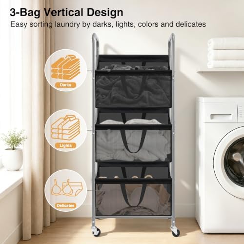 STO STO 3-Tier Vertical Rolling Laundry Hamper, Removable Bags, Black Mesh