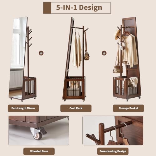 Solid Wood Rolling Coat Rack full length mirror with Storage Basket, Freestan...