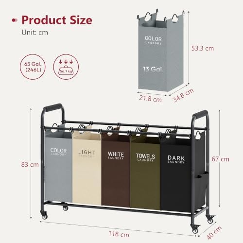 Tajsoon 5 Bag Laundry Sorter Cart, Laundry Hamper 5 Section, 5 Colors