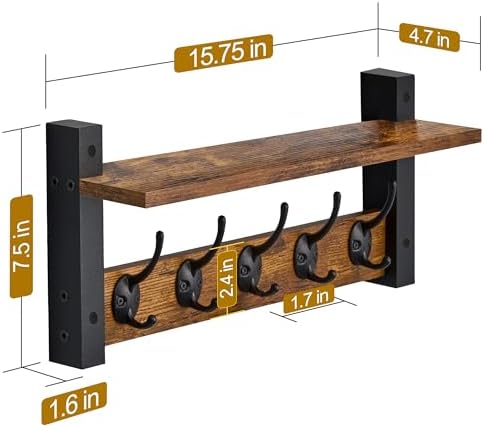 Sorbus Coat Rack Wall Mount with Shelf (Rustic Brown, 16 Inch)