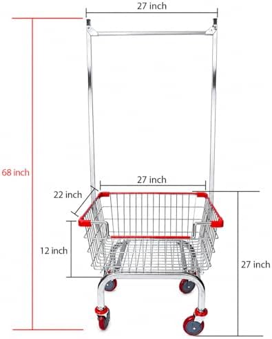 Laundry Cart Chrome Coated with Double Pole Rack, 2.5-Bu (Red or Blue Trim) (...