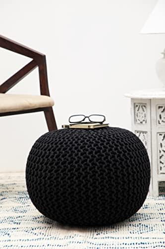 COTTON CRAFT Round Black Pouf -Hand Knitted Cotton Braid Cord Dori Ottoman