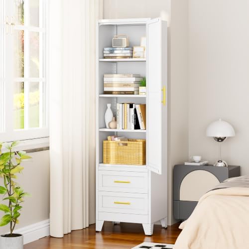 67" Tall Narrow Metal Storage Cabinet, Freestanding Pantry Organizer, White