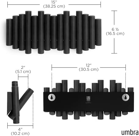 Umbra Picket Coat Rack, Wall Mount 5 Flip-Down Coat Hooks, Black