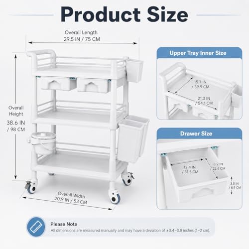 Rolling Utility Cart,Qiwey Medical Utility Cart with Drawers,3-Tier Esthetici...