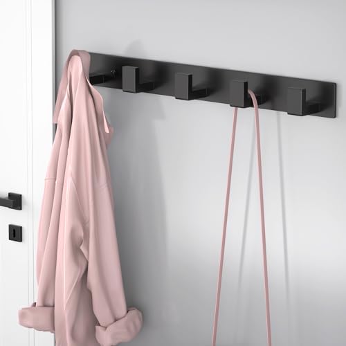 PMMASTO Stainless Steel Wall Coat Rack, Black- 5 Hooks, 2 Pack, L Shape