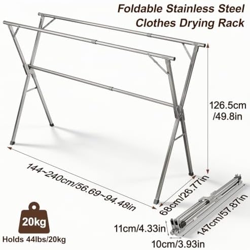 Spreezy 94 Inch Clothes Drying Rack, Stainless Steel, Indoor/Outdoor