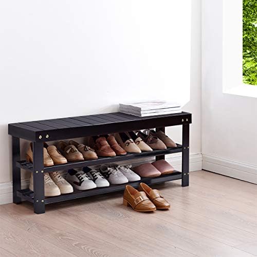 GOFLAME Shoe Bench Rack, 2-Tier Bamboo Seat Storage Shelf, Free Standing Shoe...