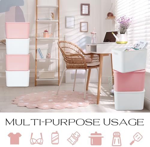 Hoolerry 8 Pieces Storage Bins, 14.2 x 10.2 x 9.5 Inch, White and Pink