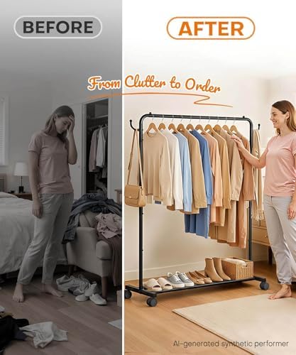 Homde Portable Clothes Rack for Bedroom: 4 Lockable Wheel Move Room-to-Room