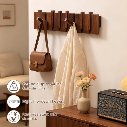 QUELLANCE Wood Coat Rack Wall Mount, Coat Hooks Hanger Wall Mounted, Heavy Du...