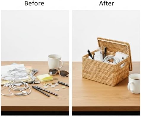 Rattan Storage Basket with Lid – 16.5×12.6×7 inch for Home