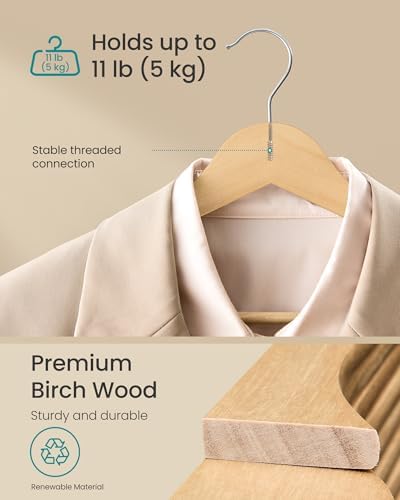 SONGMICS Wooden Hangers, 30 Pack, Basic Wood Clothes Hangers, Space Saving
