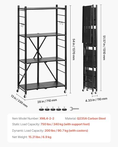VEVOR 4-Tier Foldable Storage Shelf, 28W x 13D x 54H Inch Folding Metal Rack ...