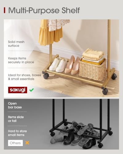 Sakugi Clothes Rack - Clothing Rack with Storage Mesh Shelf & Casters, He...