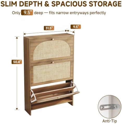 Nicetree Rattan Arched Accent Shoe Storage Cabinet - Freestanding Ultra Slim ...