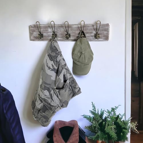 Coat Rack Wall Mount, Reclaimed Wood, 24 Inch, 5 Bronze Hooks, Whitewash