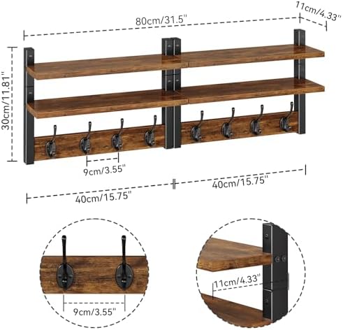 Double Shelf Coat Rack Wall Mount with 8 Hooks, Rustic Brown HWS009H-2