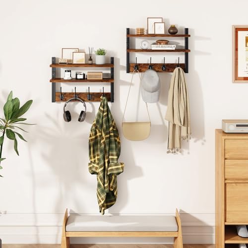 Double Shelf Coat Rack Wall Mount with 8 Hooks, Rustic Brown HWS009H-2