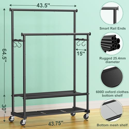 Double Rods Clothes Rack for Hanging Clothes, Heavy Duty Rolling Clothing Rac...