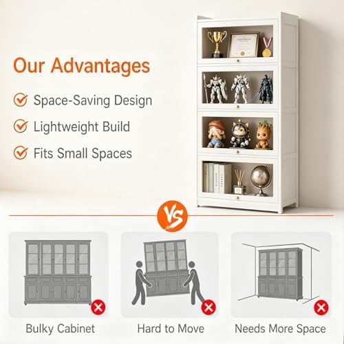 Display Cabinet with Doors, 4-Tier Bamboo Curio Cabinet for Small Space, Figu...