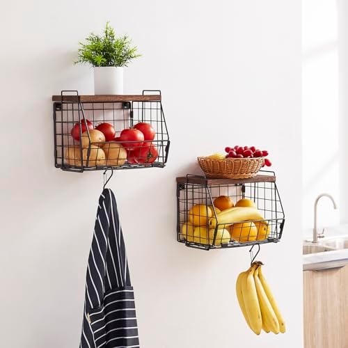 Wall Hanging Baskets 2 Pack Wooden Top Floating Wire Shelves (Large)