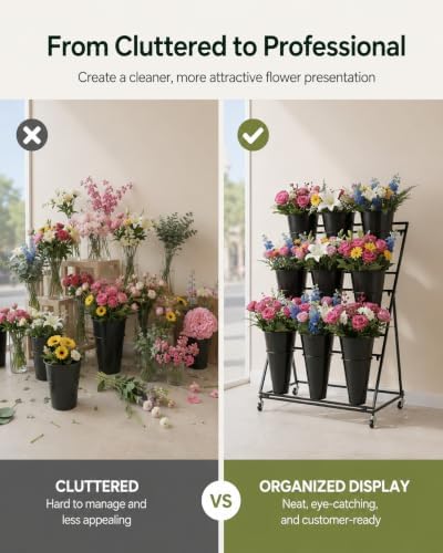 Flower Display Stand with 9 Buckets, 3-Tier Metal Flower Cart with Wheels, He...