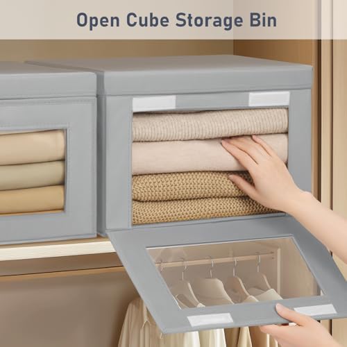 DIMJ Storage Bins with Lids - 4 Pack Large Fabric Closet Organizer with Windo...