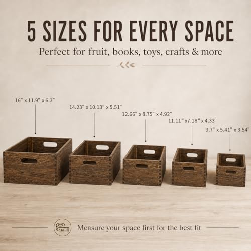5 Pack Wooden Crates for Display Nesting Wood Crate for Storage with Handle