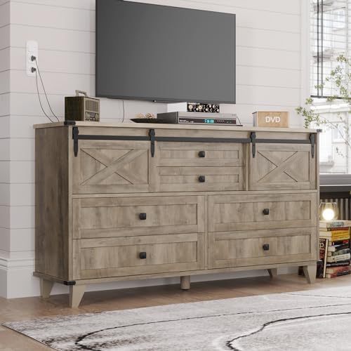Hasuit Farmhouse 6 Drawer Dresser for Bedroom, Retro Chest of Drawers with Sl...