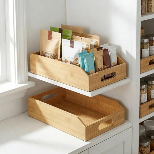Pumtus 2 Pack Bamboo Pantry Organizers, Storage Bin with Removable Dividers, ...
