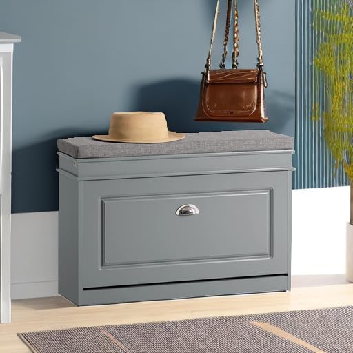 Haotian Shoe Storage Bench with Cushion, Grey Narrow Shoe Rack for Entryway, ...
