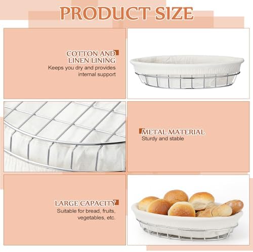 6 Pack Oval Metal Wire Baskets with Liner Cloth for Table Serving 9.5 x 6.2 x...
