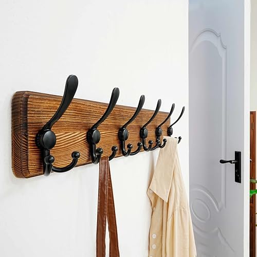Dseap Coat Rack Wall Mounted - 24" Long 6 Tri Hooks, Heavy Duty Wooden W...