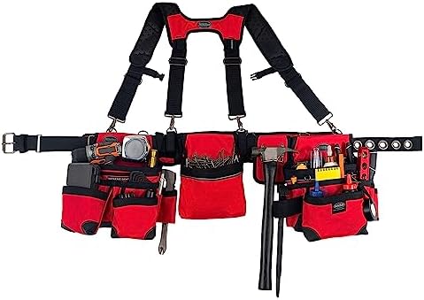 Bucket Boss 3 Tool Bag Tool Belt with Suspenders in Red, 55185-RD