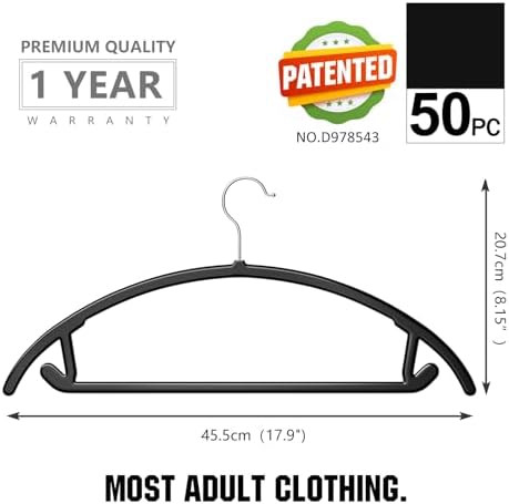 MIZGI Plastic Hangers 50 Pack, Patented Rounded Shoulder Sweater Hangers