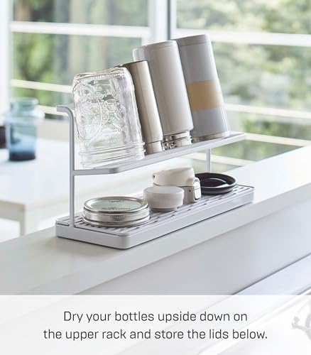 YAMAZAKI Home Two-Tier Bottle Drying Rack with Drainage Tray Stand, White