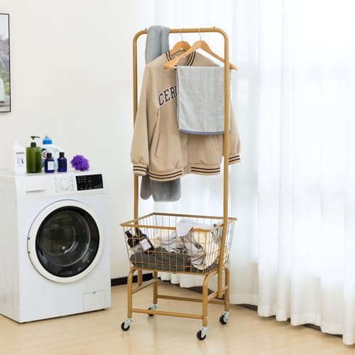 ALIMORDEN Rolling Laundry Cart with Hanging Rack & Metal Basket, Gold